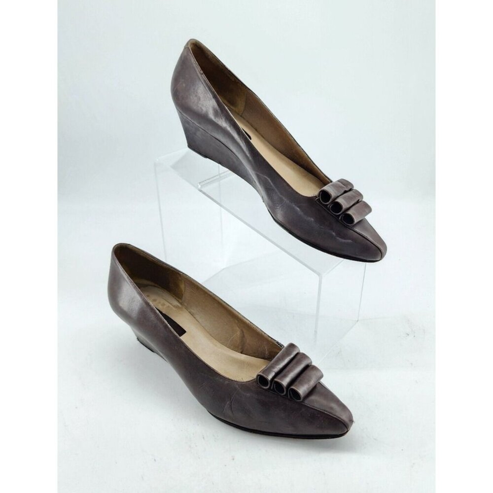 Sesto Meucci Women's Slip On Wedge Heels Rolled Accents Brown Leather Size 10 M